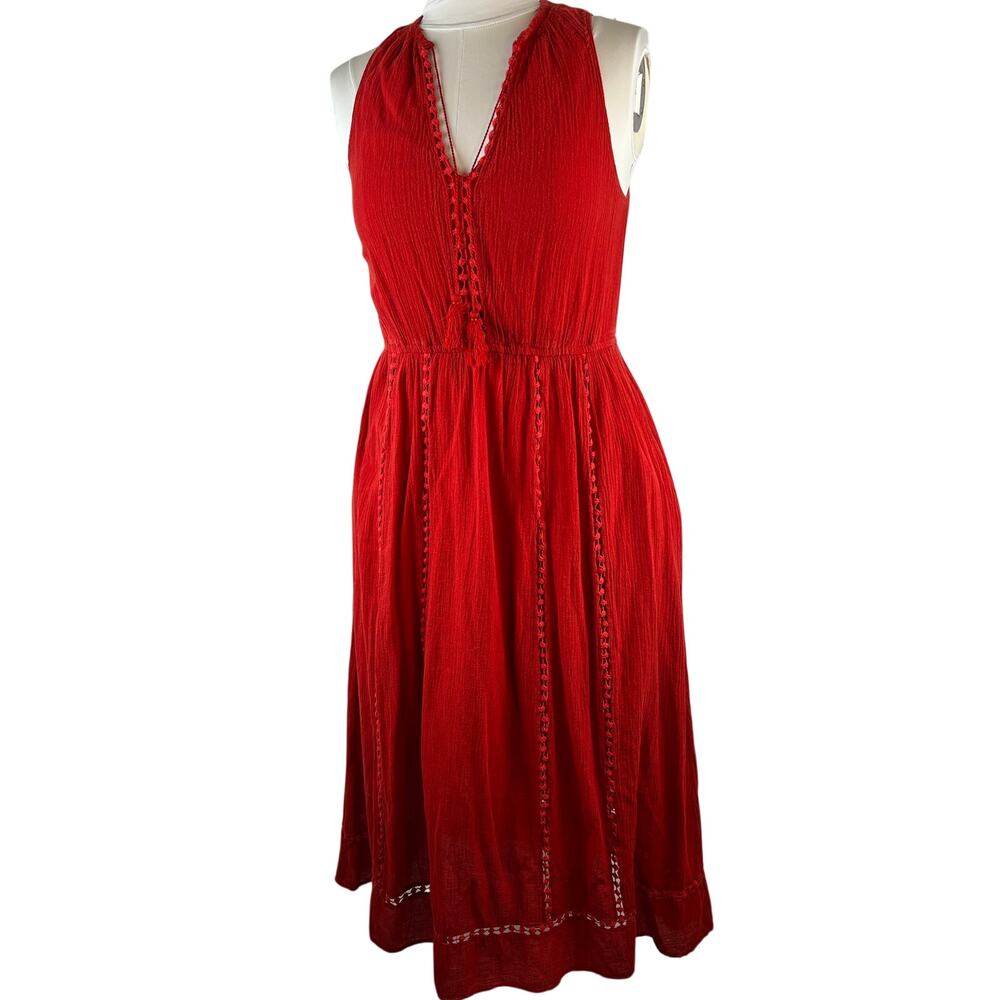 Madewell Red Gauze Midi Dress Size 2 Sleeveless Boho Crochet Trim Pockets
